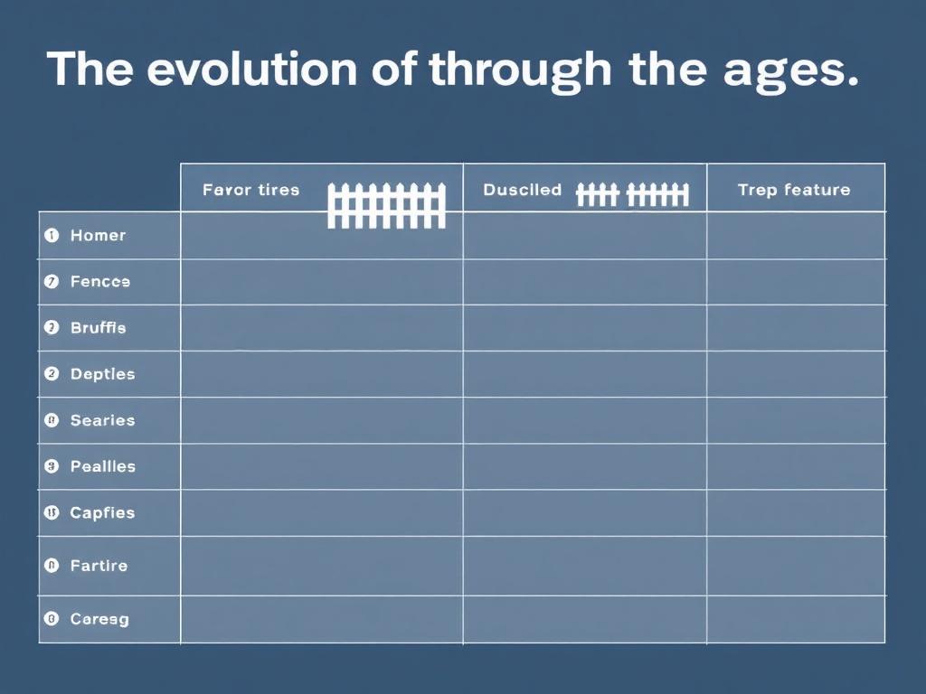 L'évolution des clôtures à travers les âges.. Tabelle 1: Vergleich von Zauntypen und ihren Hauptmerkmalen (nummeriert) L'évolution des clôtures à travers les âges.. Tabelle 1: Vergleich von Zauntypen und ihren Hauptmerkmalen (nummeriert)